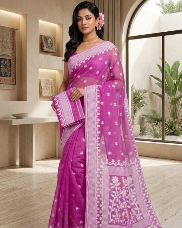 Sunflower Buti Soft Dhakai Jamdani Saree with Blouse Piece - Royal Heath
