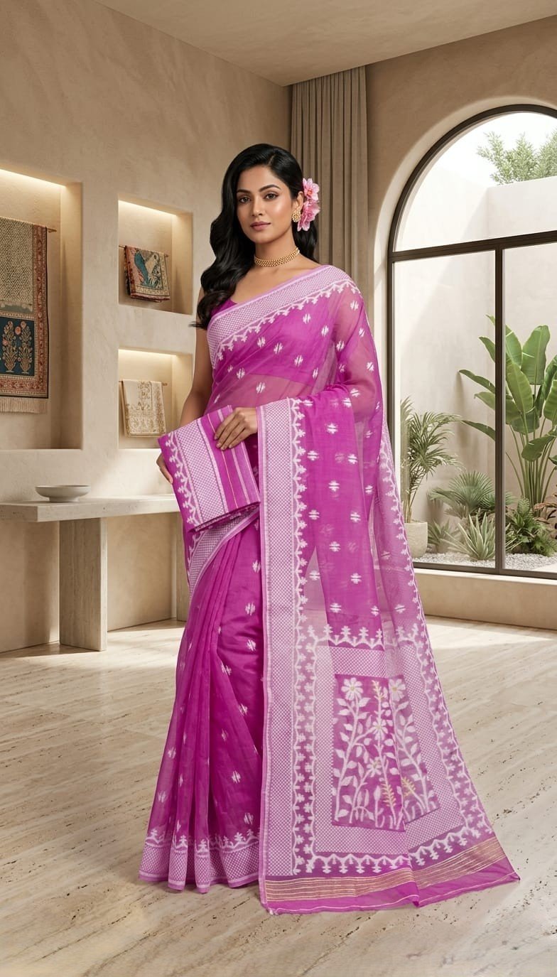 Sunflower Buti Soft Dhakai Jamdani Saree with Blouse Piece - Royal Heath