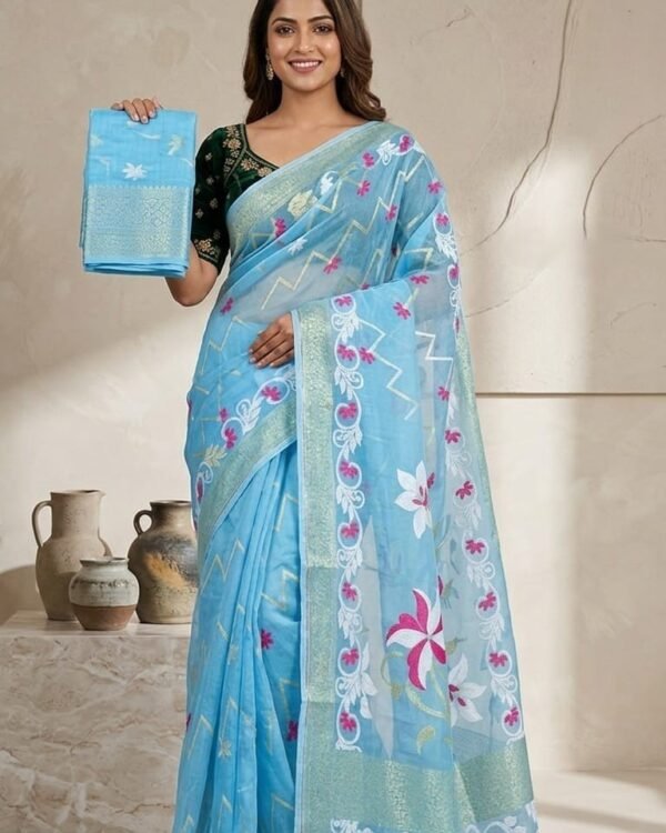 Shiuli Soft Dhakai Jamdani Sari with Blouse Piece - Sky Blue