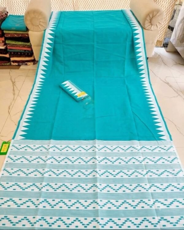 Body Plain Soft Dhakai Jamdani Saree with Blouse Piece - Teal Blue