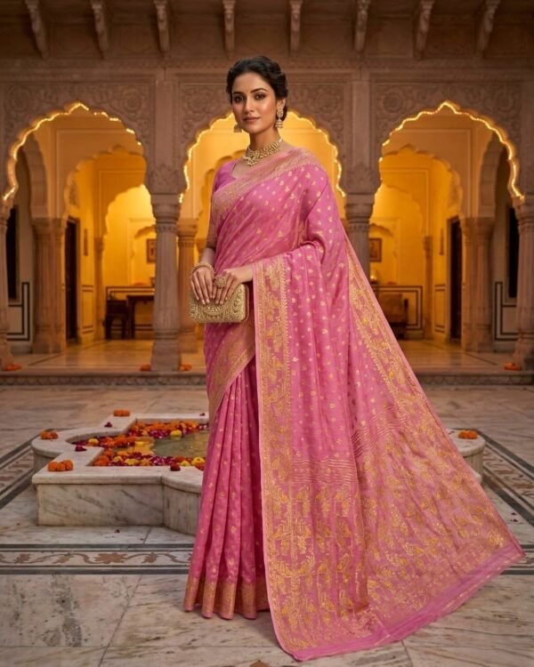 Allover Buti Soft Dhakai Jamdani Sari with Blouse Piece - Tulip Pink