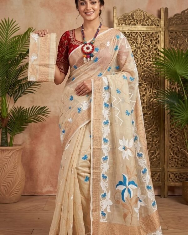 Shiuli Soft Dhakai Jamdani Sari with Blouse Piece - Vanilla