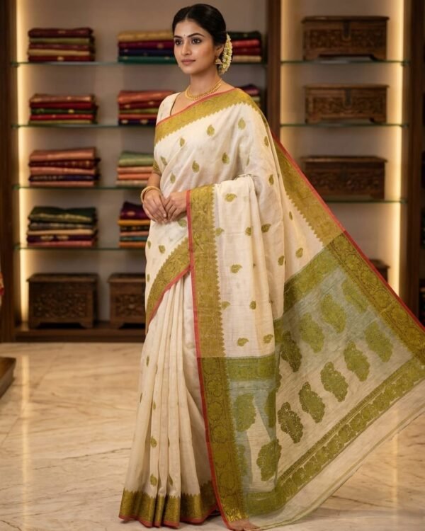 Nokshimala Design Soft Dhakai Jamdani Sari with Blouse Piece - Vanilla