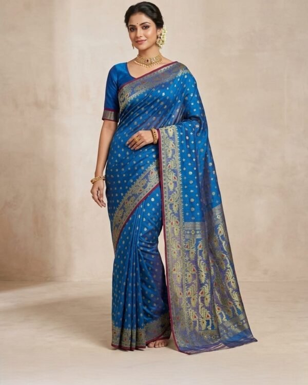 Allover Buti Soft Dhakai Jamdani Sari with Blouse Piece - Venice Blue