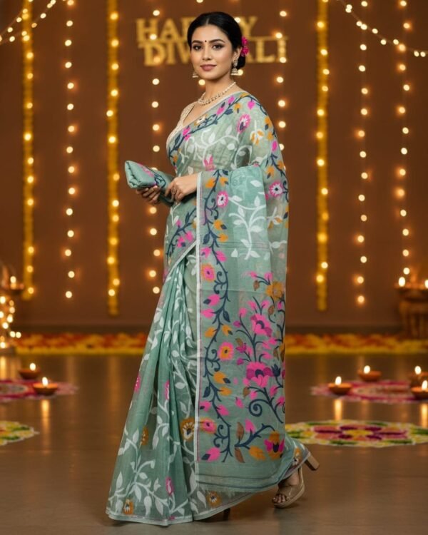 Lota Pata Soft Dhakai Jamdani Saree with Blouse Piece - Viridian Green