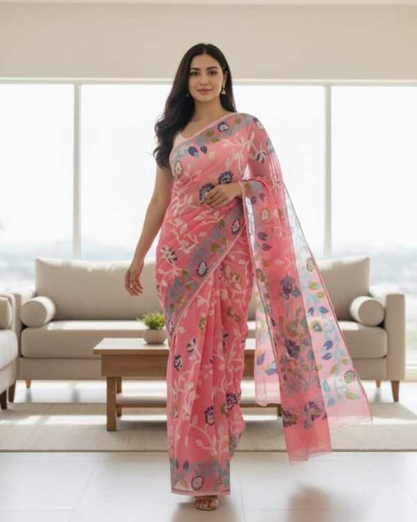 Lota Pata Soft Dhakai Jamdani Saree with Blouse Piece - Watermelon