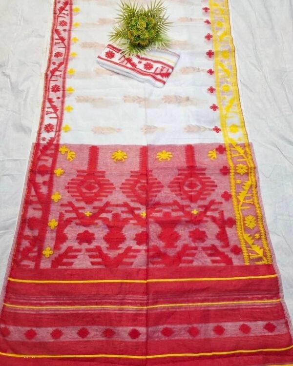 Shiuli Korat Soft Dhakai Jamdani Saree with Blouse Piece - White
