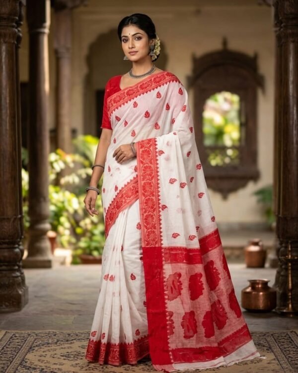 Nokshimala Design Soft Dhakai Jamdani Sari with Blouse Piece - White