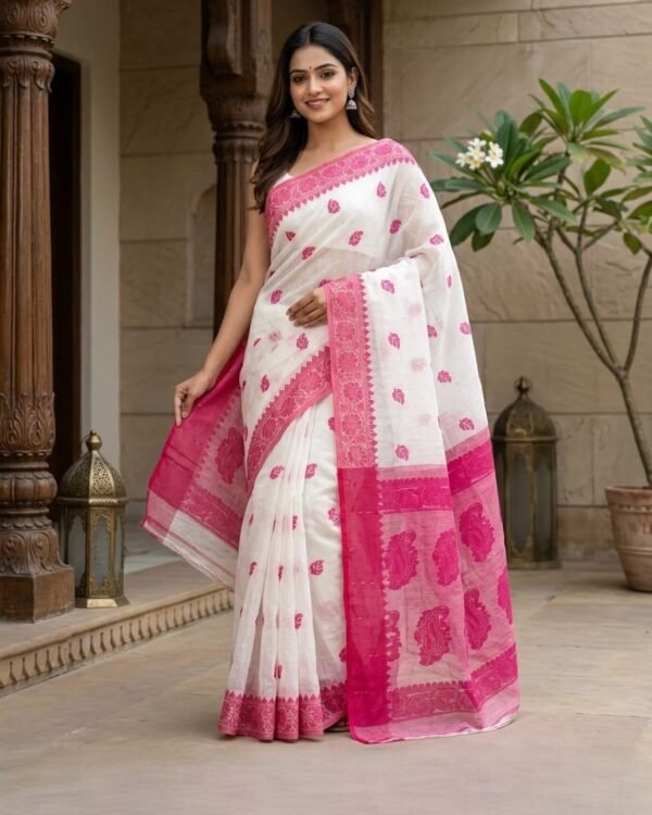 Nokshimala Design Soft Dhakai Jamdani Sari with Blouse Piece - White