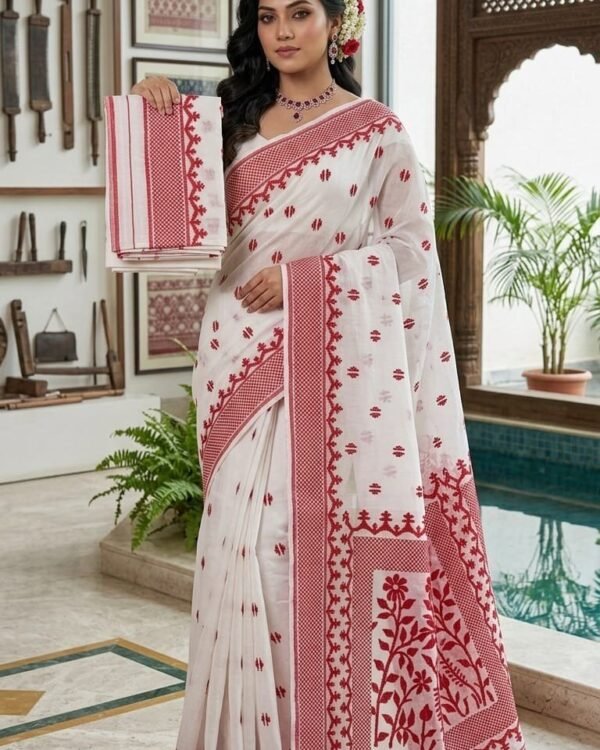 Sunflower Buti Soft Dhakai Jamdani Saree with Blouse Piece - White