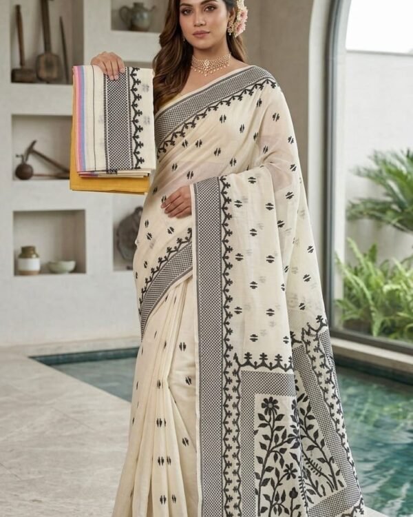 Sunflower Buti Soft Dhakai Jamdani Saree with Blouse Piece - White Rock