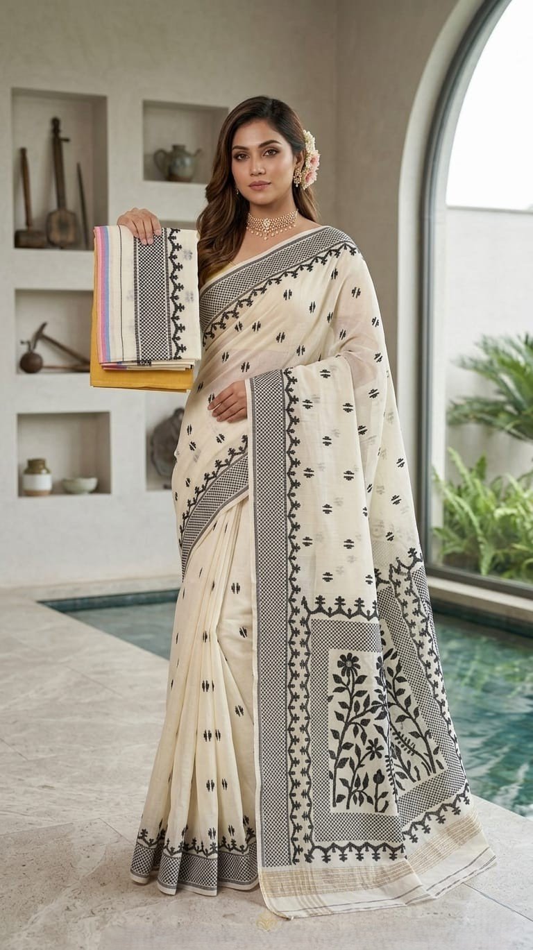 Sunflower Buti Soft Dhakai Jamdani Saree with Blouse Piece - White Rock