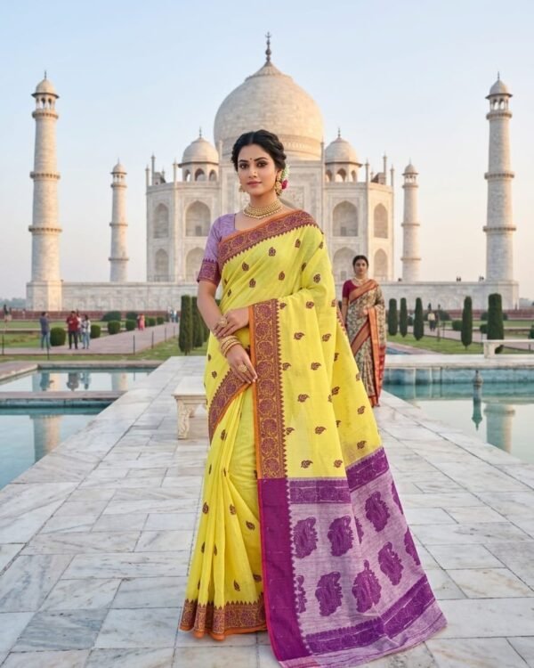 Nokshimala Design Soft Dhakai Jamdani Sari with Blouse Piece - Yellow