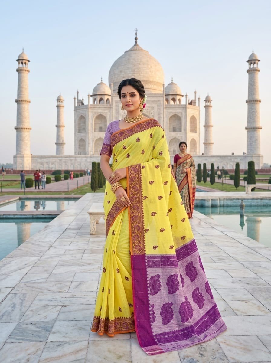 Nokshimala Design Soft Dhakai Jamdani Sari with Blouse Piece - Yellow