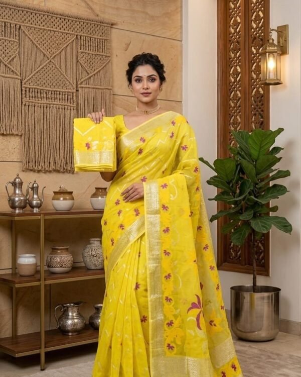 Shiuli Soft Dhakai Jamdani Sari with Blouse Piece - Yellow