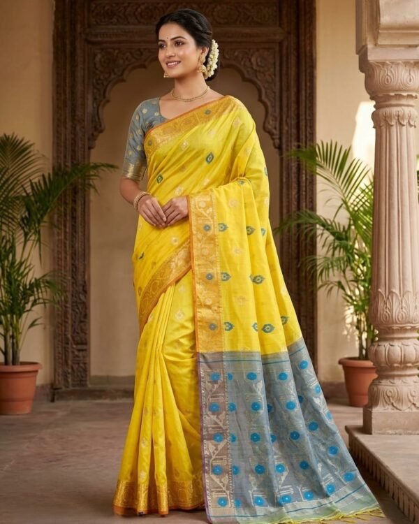 Nilanjona Soft Dhakai Jamdani Sari with Blouse Piece - Yellow