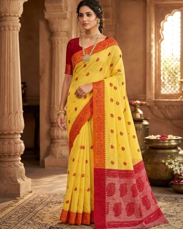 Nokshimala Design Soft Dhakai Jamdani Sari with Blouse Piece - Yellow