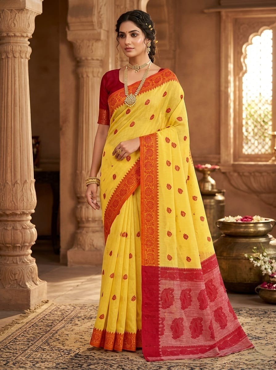 Nokshimala Design Soft Dhakai Jamdani Sari with Blouse Piece - Yellow