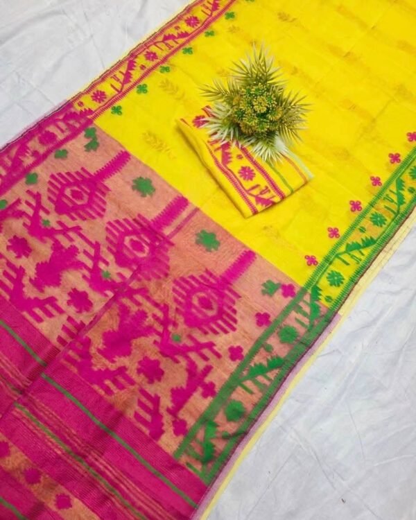 Shiuli Korat Soft Dhakai Jamdani Saree with Blouse Piece - Yellow