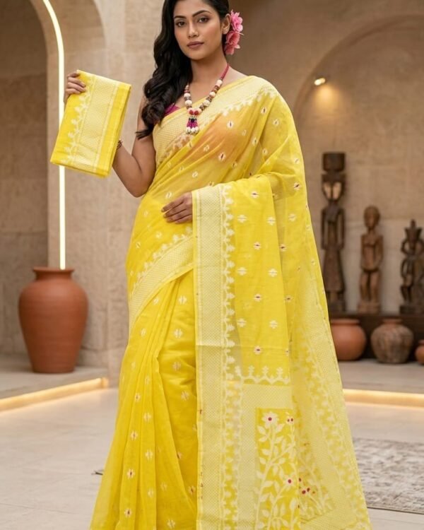 Sunflower Buti Soft Dhakai Jamdani Saree with Blouse Piece - Yellow