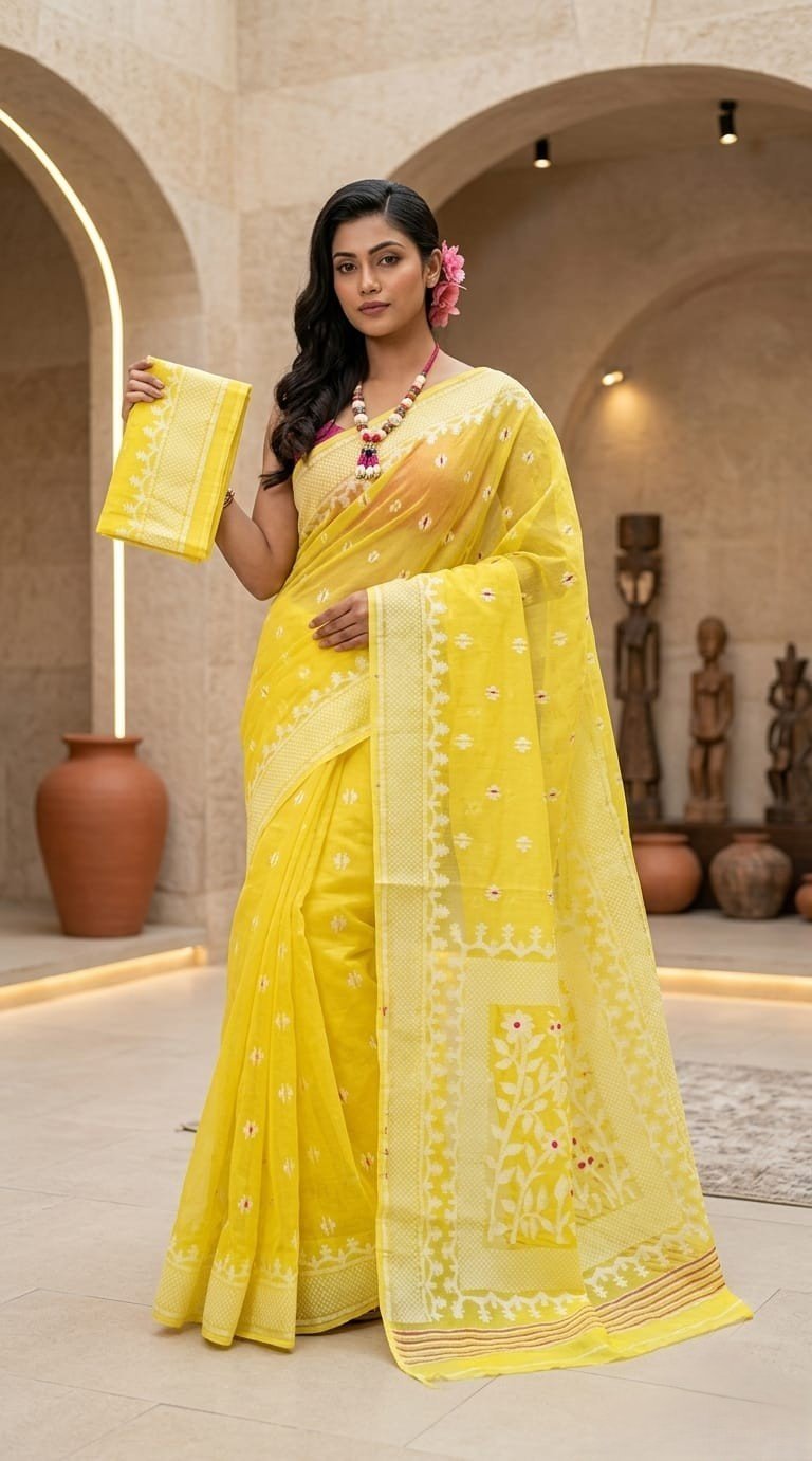 Sunflower Buti Soft Dhakai Jamdani Saree with Blouse Piece - Yellow