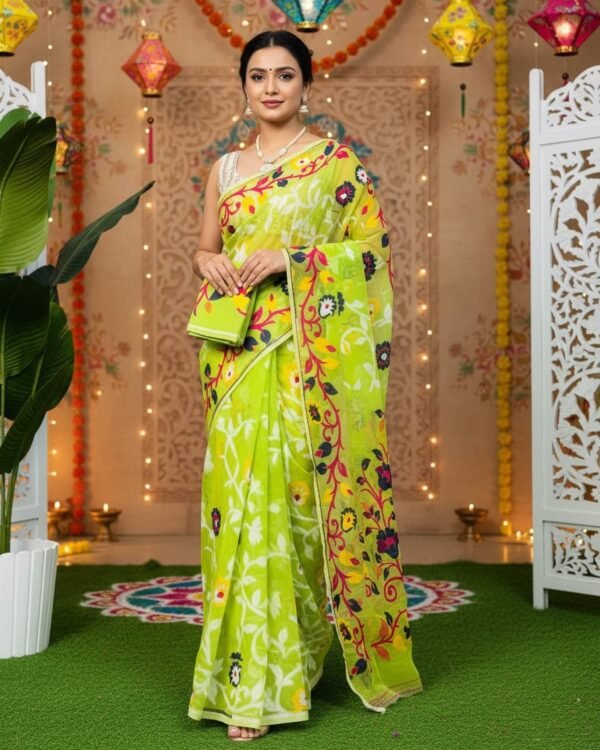 Lota Pata Soft Dhakai Jamdani Saree with Blouse Piece - Yellowish Green